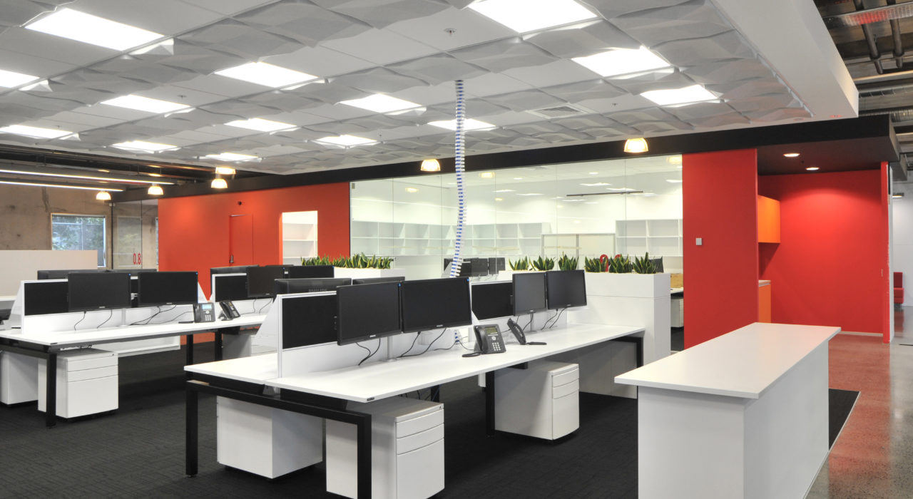 ecoustic Matrix Ceiling Tile installed above open office area with desks