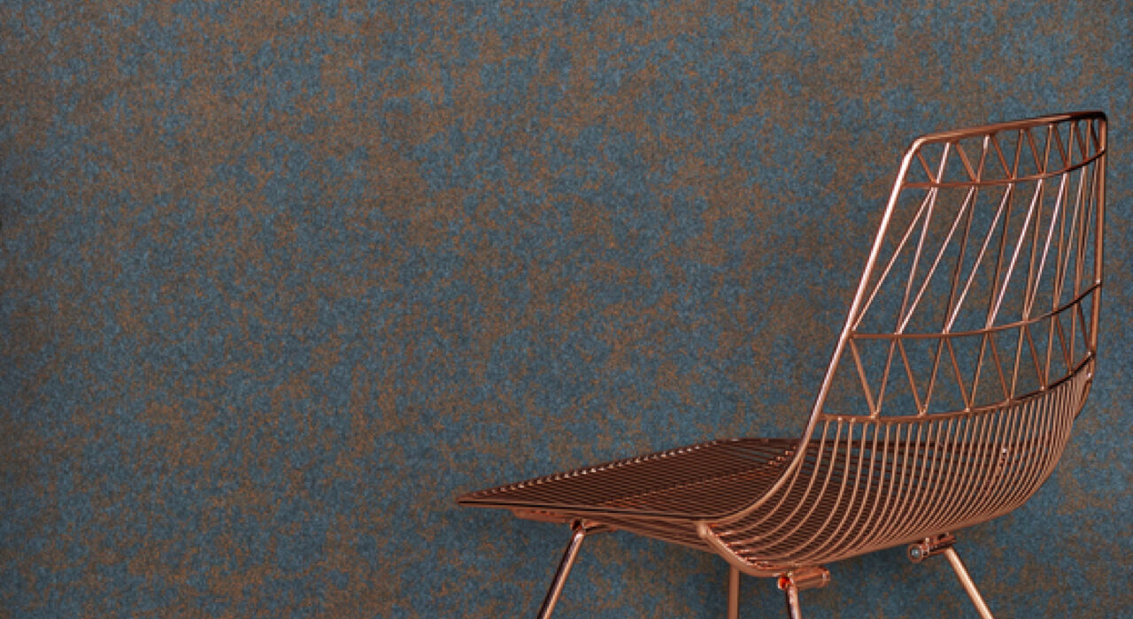 sound absorbing wall panel with rust colored organic design on dark blue felt face
