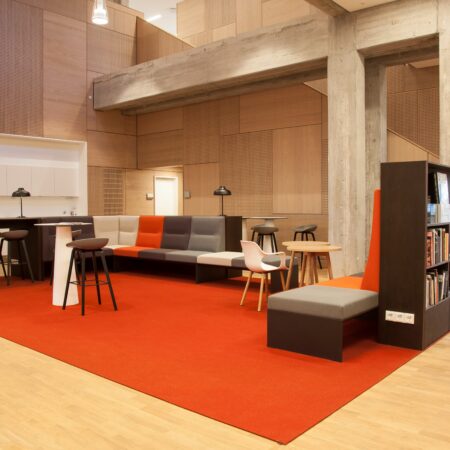 large rectangular orange wool felt rug in lounge area