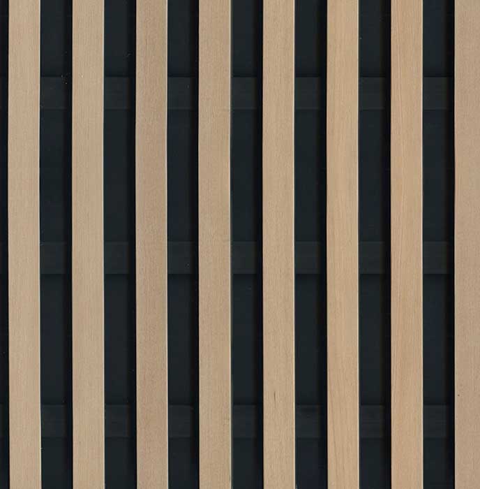 wall panel profile with eight evenly spaced wooden slats with black backing