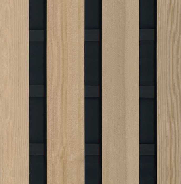 wall panel profile with four evenly spaced wooden slats with black backing