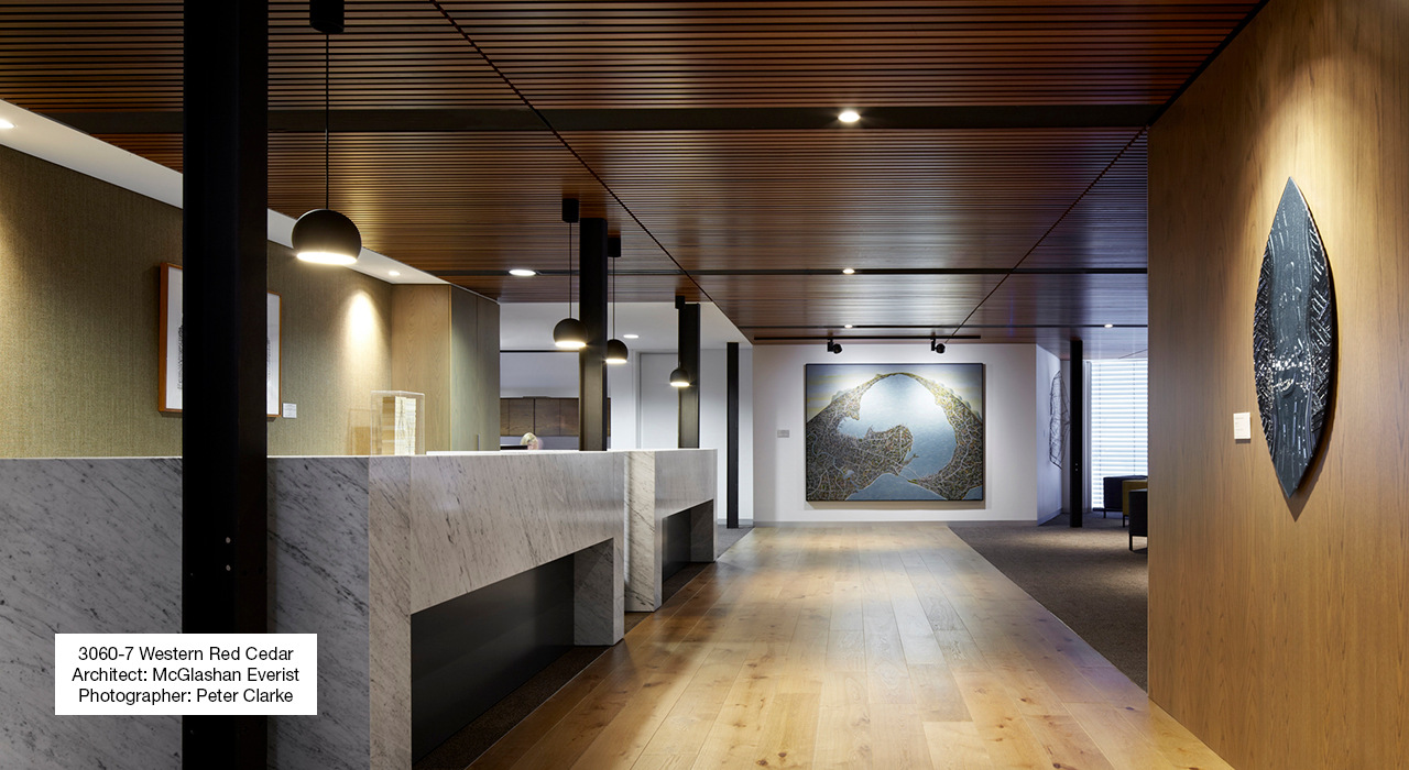 acoustic timber blade ceiling panel above lobby area