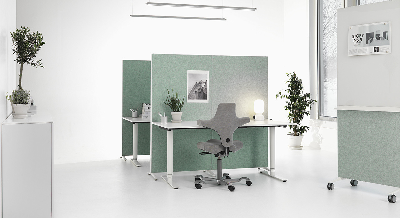 Installation featuring acoustic Alumi Screen dividing wall blue white plant office chair desk sound absorbing