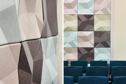 Ecoustic Matrix acoustic tiles in colors Cameo, SPray, Fresco, and Pewter