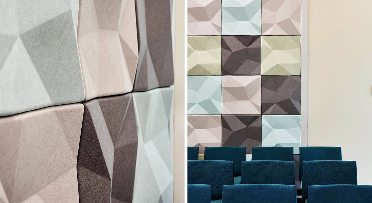 Ecoustic Matrix acoustic tiles in colors Cameo, SPray, Fresco, and Pewter