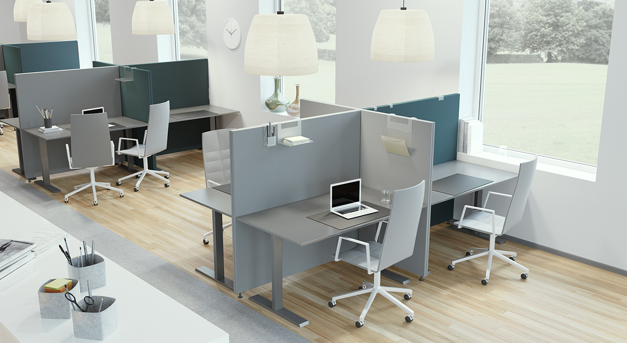 acoustic screens dividing work stations