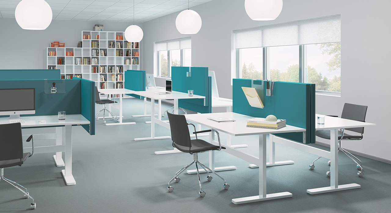 turquoise acoustic table screens on white desks in office with globe pendant lights