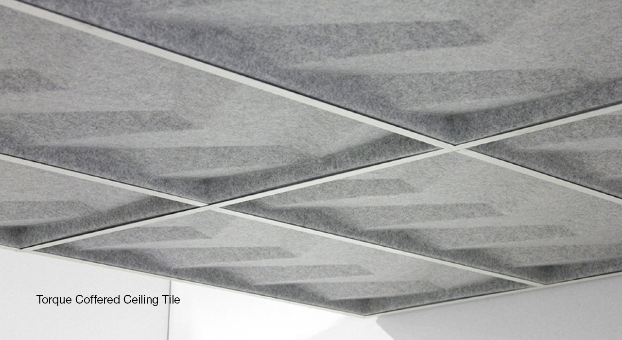 detail of light grey coffered ceiling tiles in grid