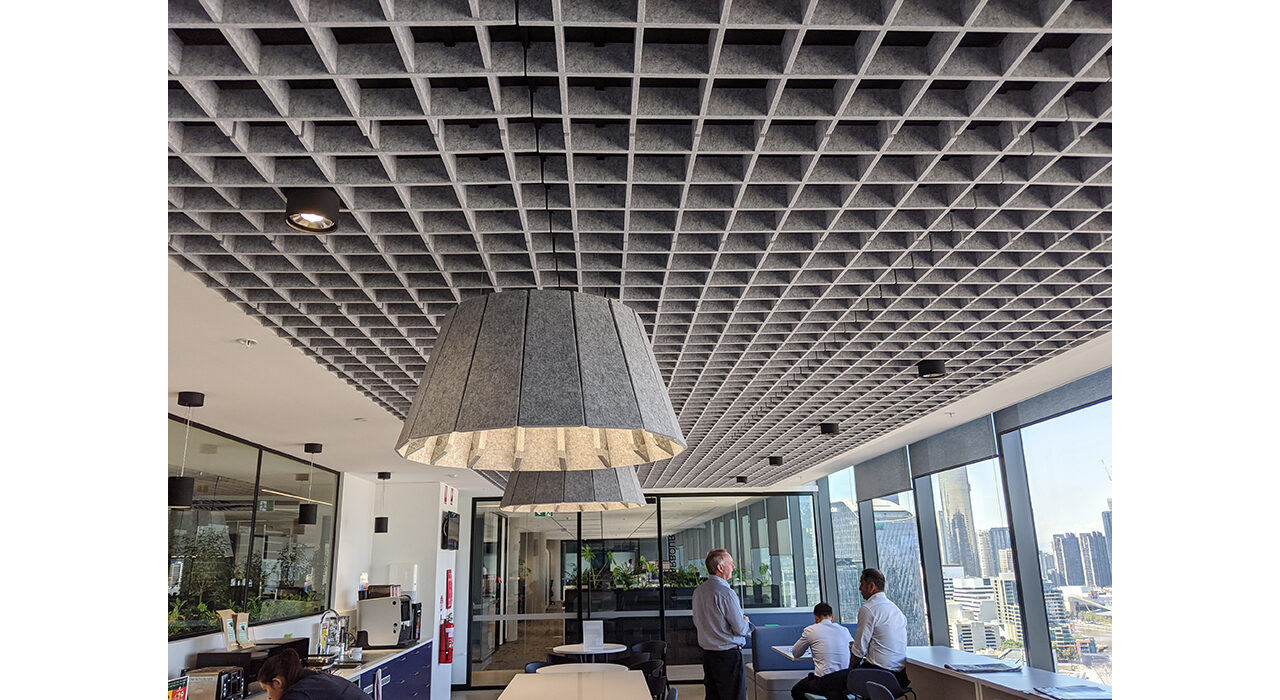 grey acoustic ceiling tiles in office break room