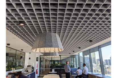 grey acoustic ceiling tiles in office break room