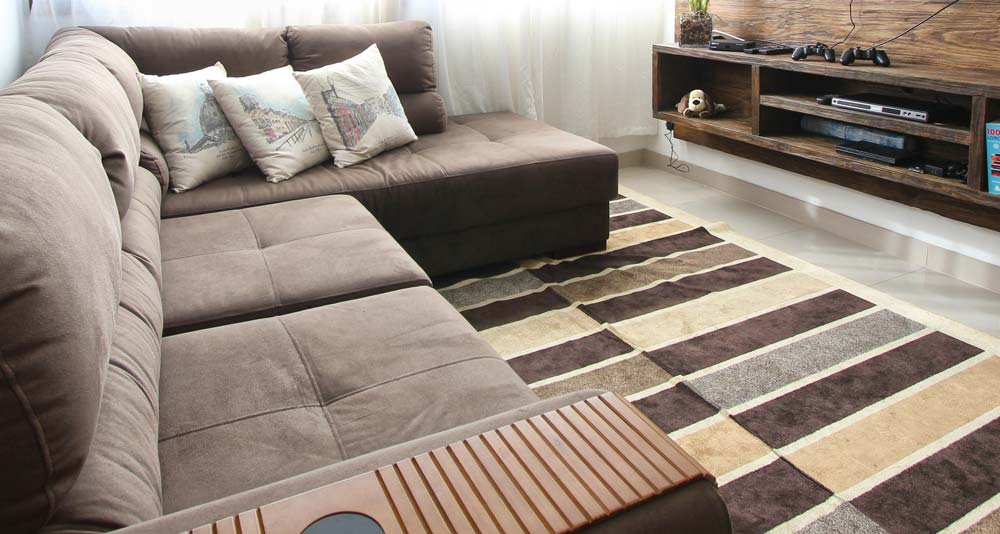 Brown couch and decorative rug in an apartment