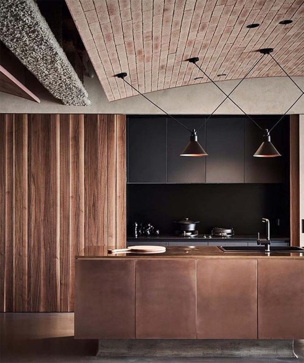 Washed brick kitchen ceiling design
