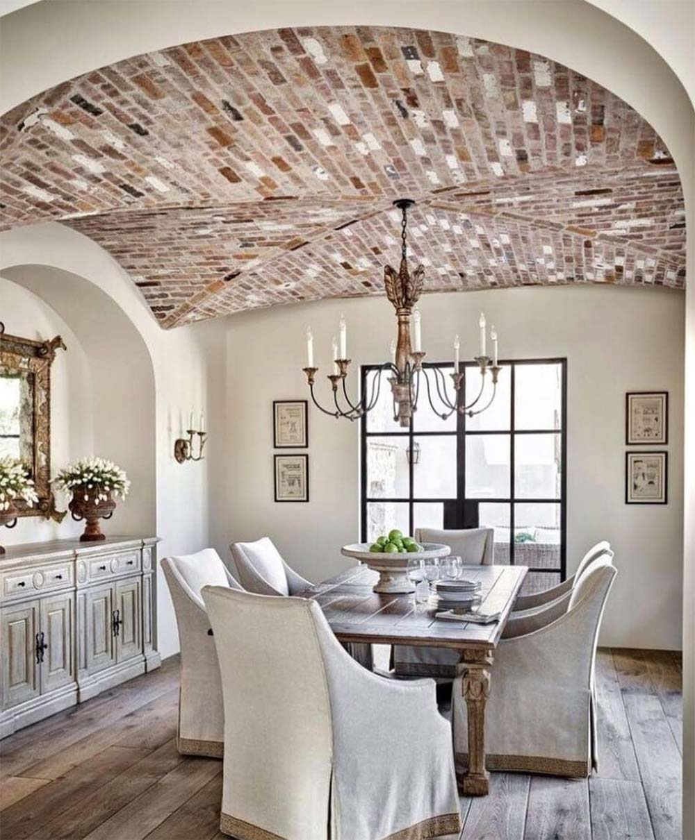Washed brick dining room ceiling design
