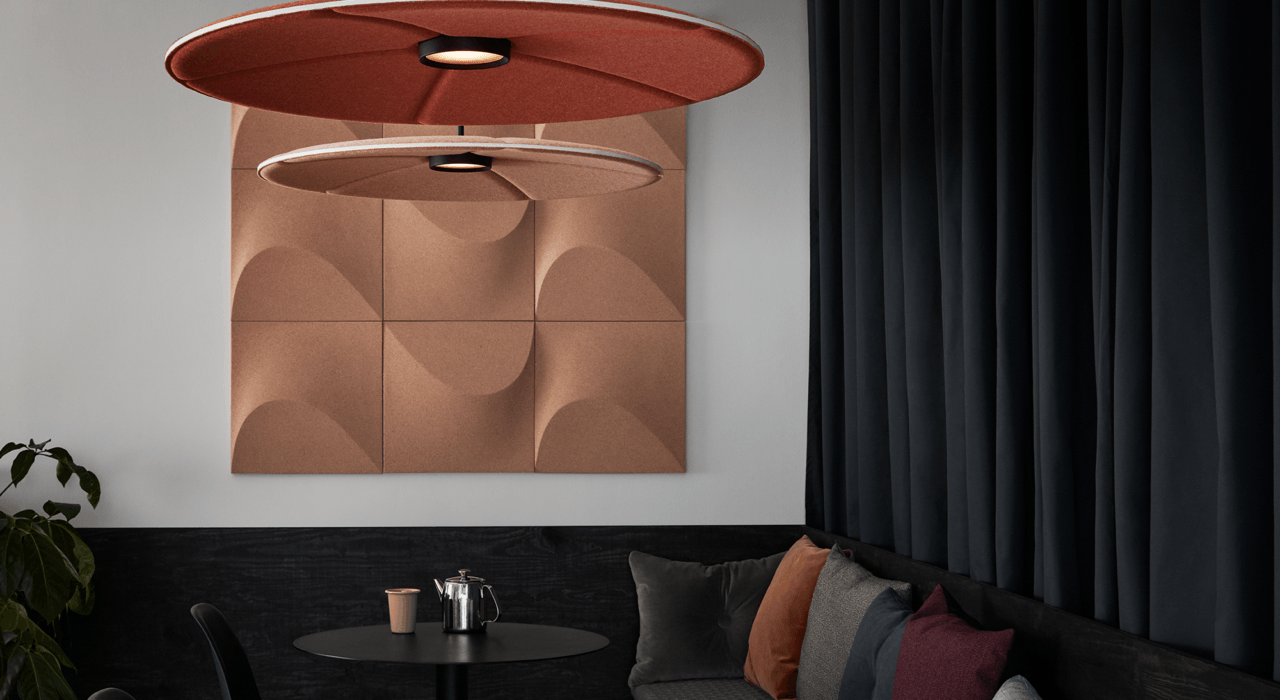 lily acoustic lighting from ceiling with Sahara cork acoustic wall