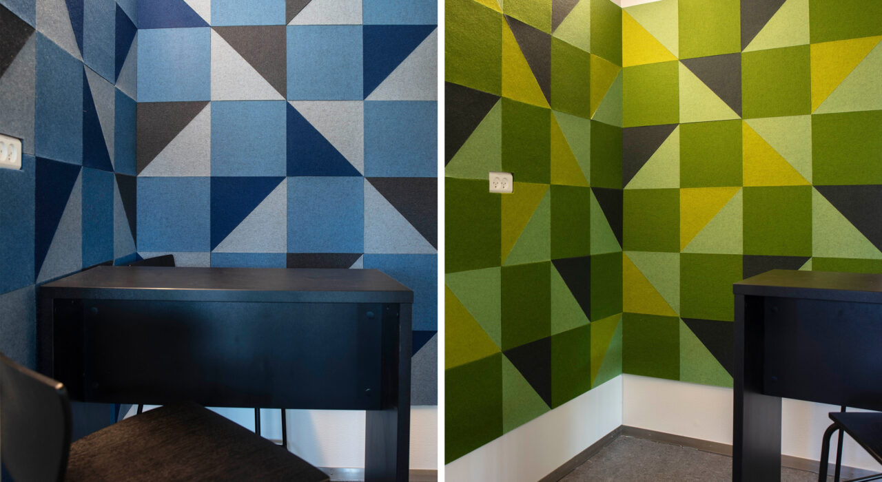 collage of blue grey and neutral sound-absorbing tiles and green and yellow tiles on wall