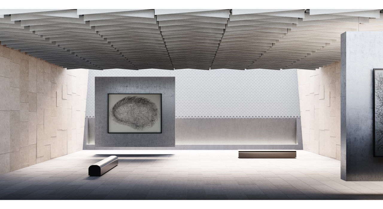 sound absorbing grey baffles with a tapered design suspended over auditorium