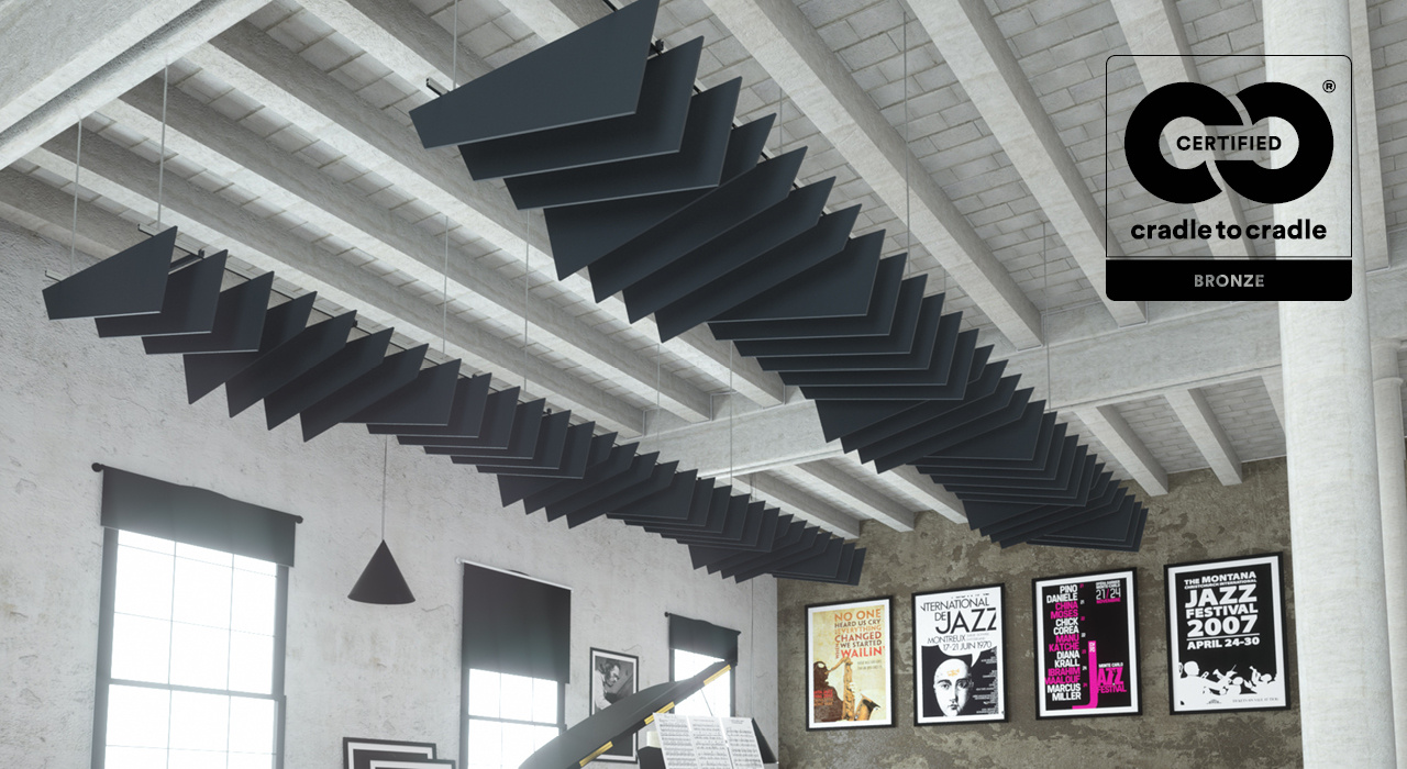 charcoal colored sound-absorbing baffles suspended over open room with a piano