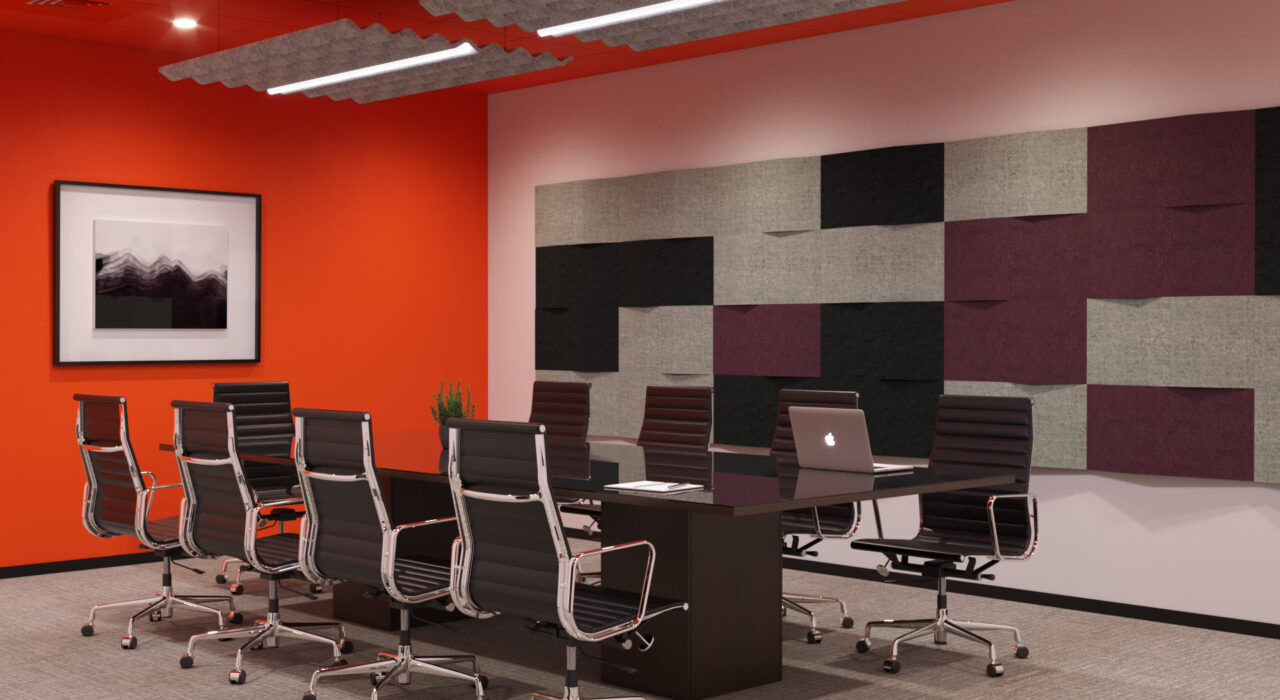 Scala acoustic ceiling tile with lighting hanging above conference table with Triline Wall tles