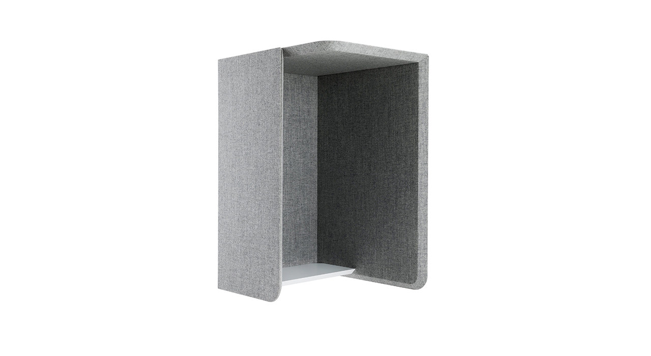 grey sound absorbing wall both with white shelf facing right
