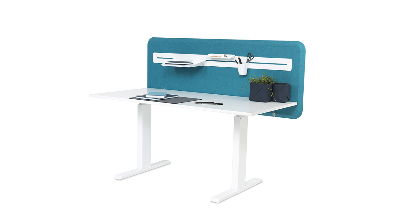 turquoise table screen on desk with shelf and accessories
