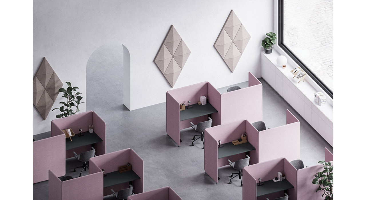 multiple pink acoustic table screens from above in office