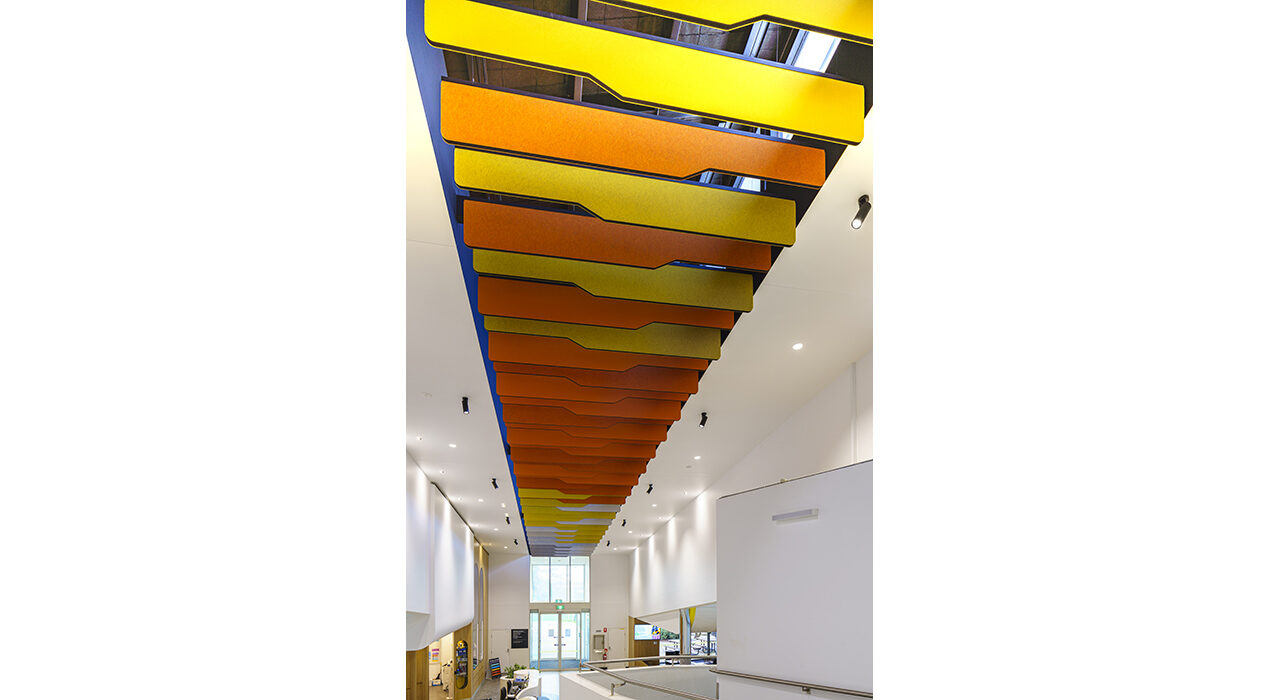 multi-colored custom cut baffles above reception area