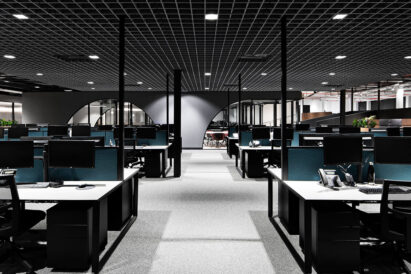 sound-absorbing ceiling tiles above open office