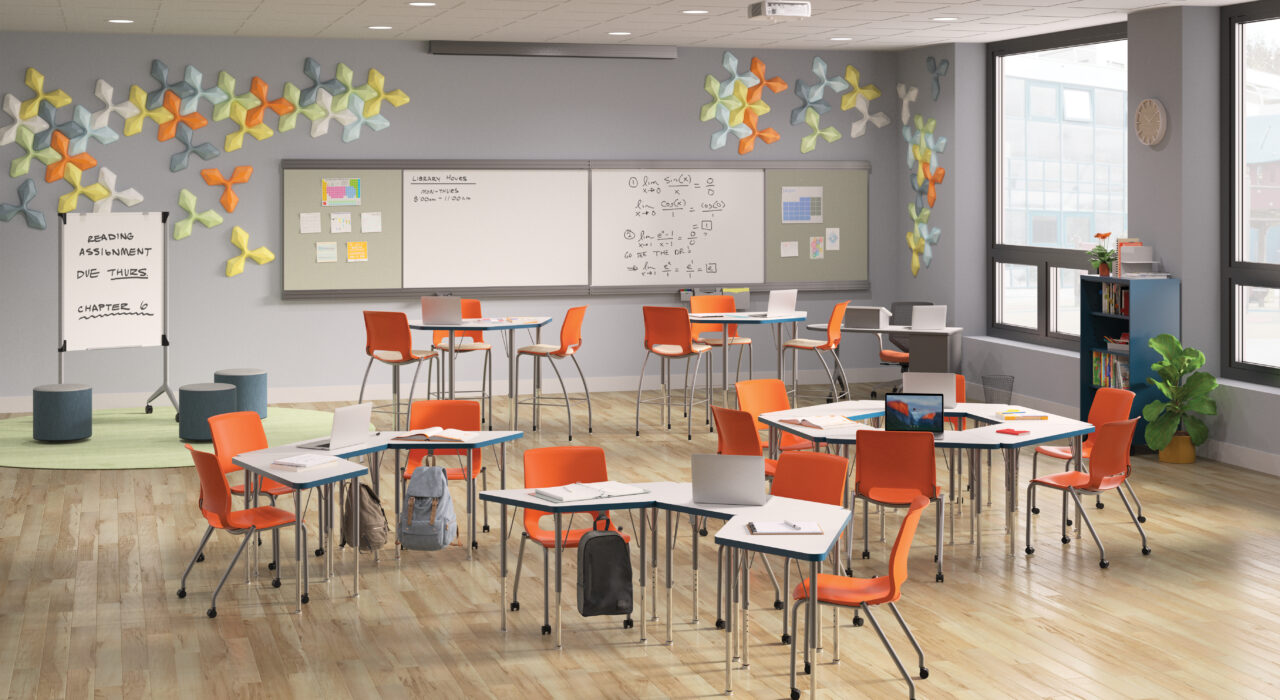 colorful acoustic tiles on classroom wall