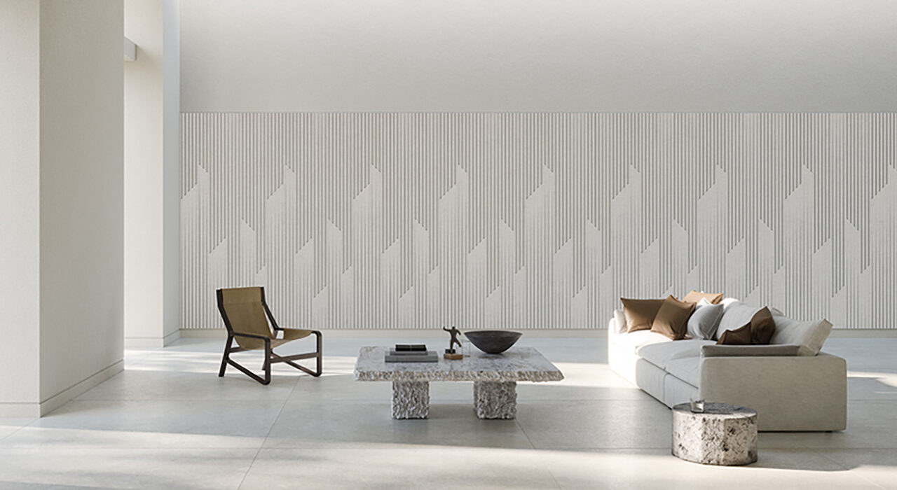ecoustic® V Panel in Pattern Rain installed on wall in lounge area