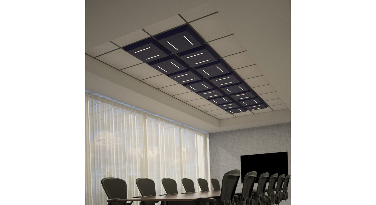 dark blue lighted tiles above conference room table