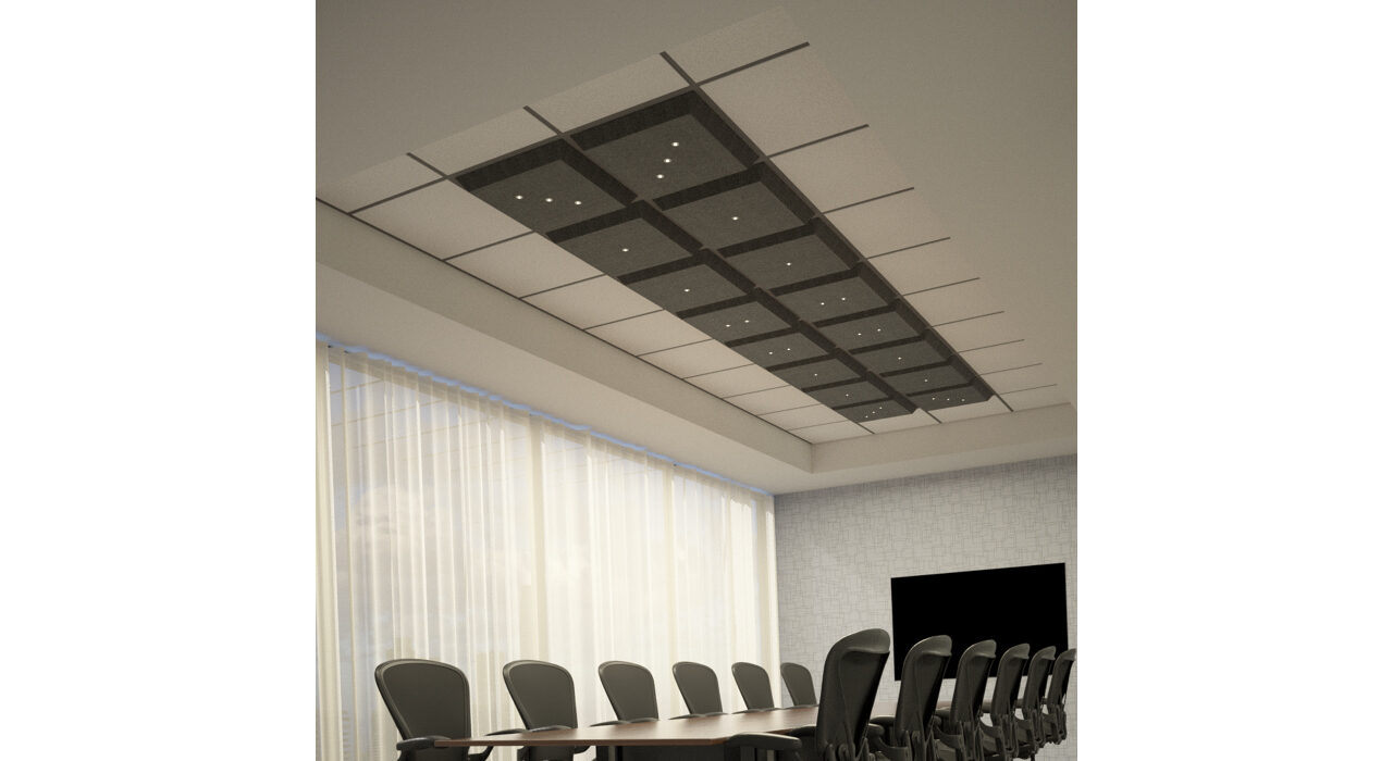dark grey lighted tiles above conference room table