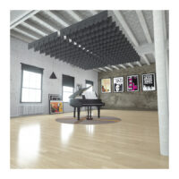 dark grey baffles suspended over a piano in a studio