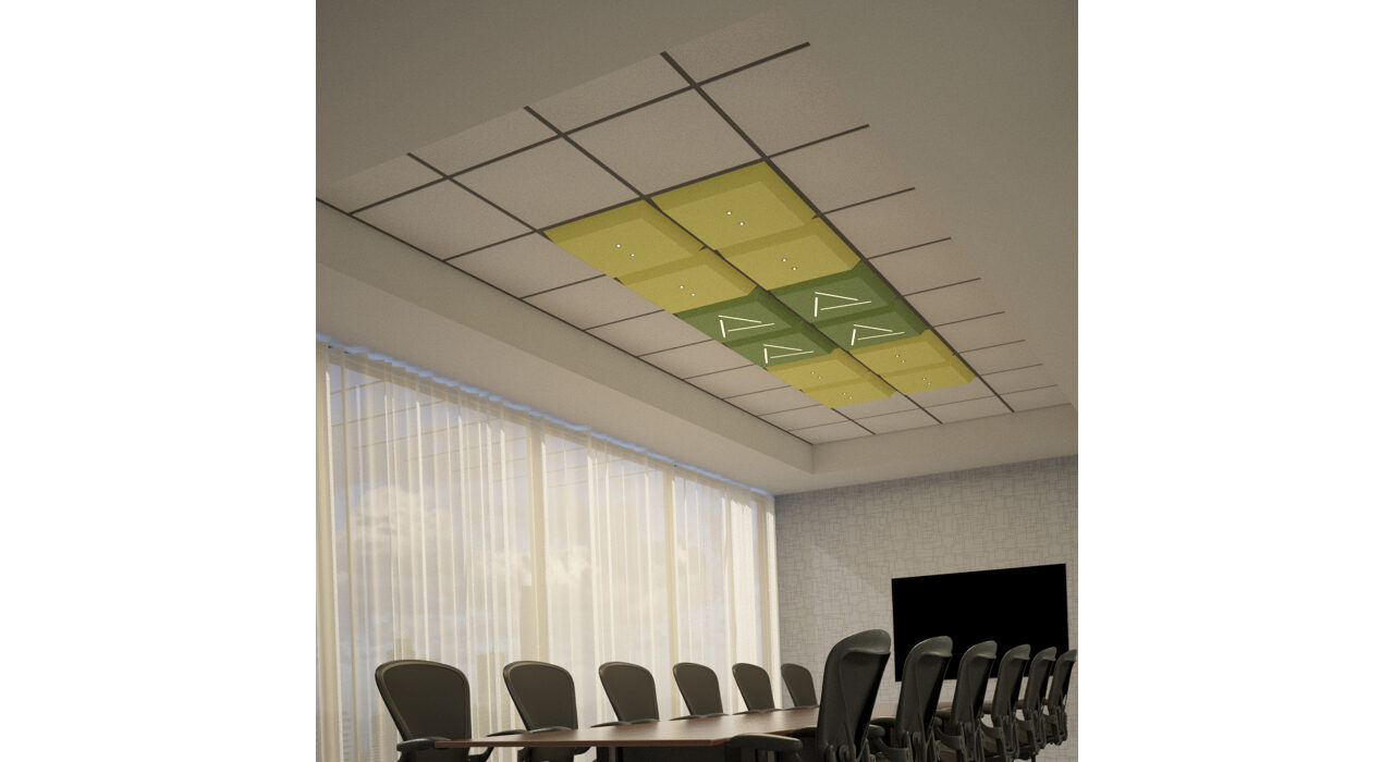 yellow and green lighted tiles above conference room table