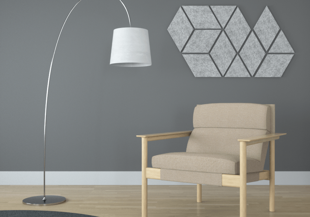 light grey diamond shaped acoustic tiles on wall