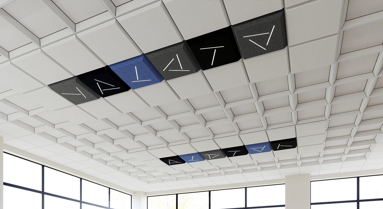 black grey and blue ceiling tiles with lights in ceiling grid