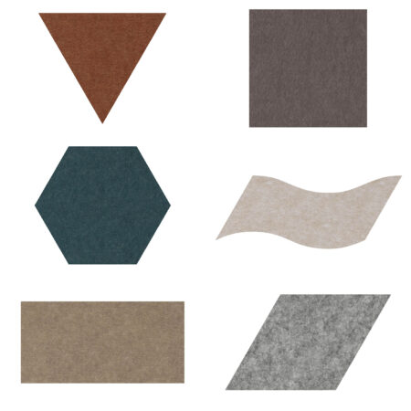 six acoustic tiles in different shapes and colors