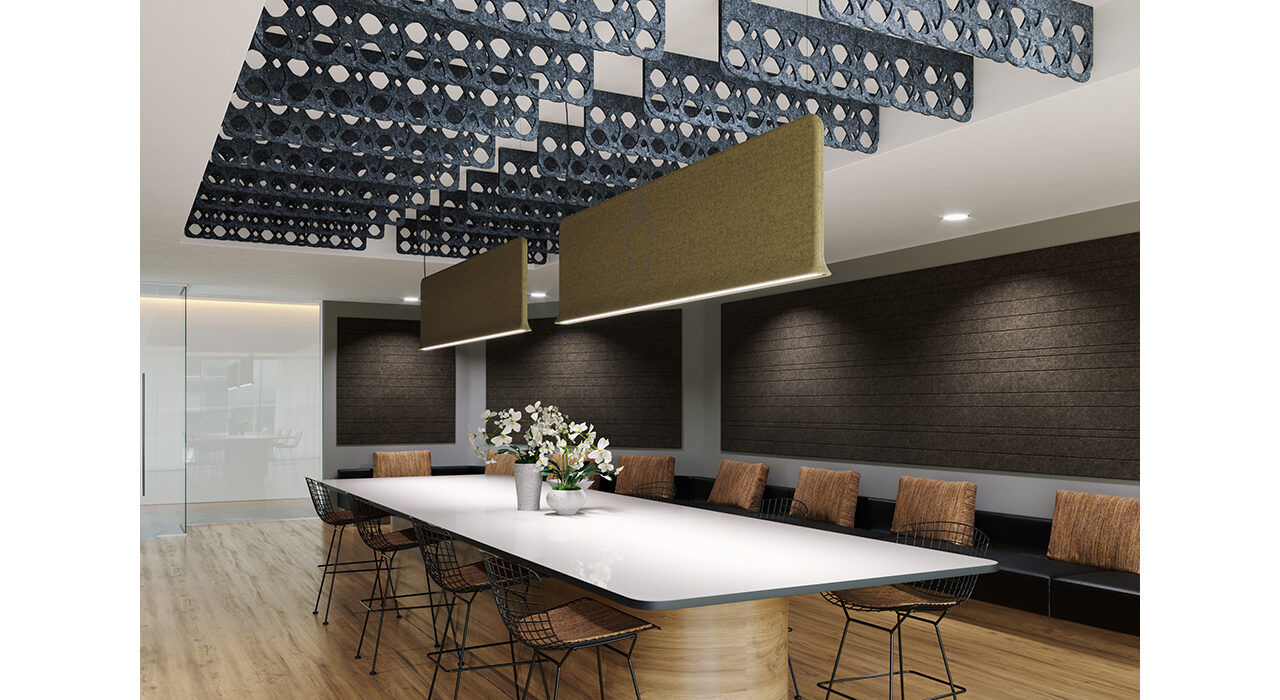 dark grey acoustic baffles and sound absorbing light above conference table