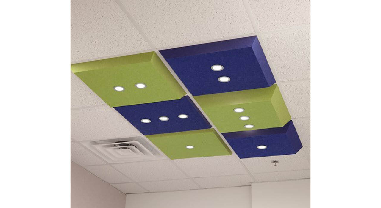 blue and green acoustic LED tiles in grid