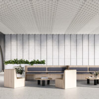 off white sound-absorbing drop-ceiling tile above office lounge