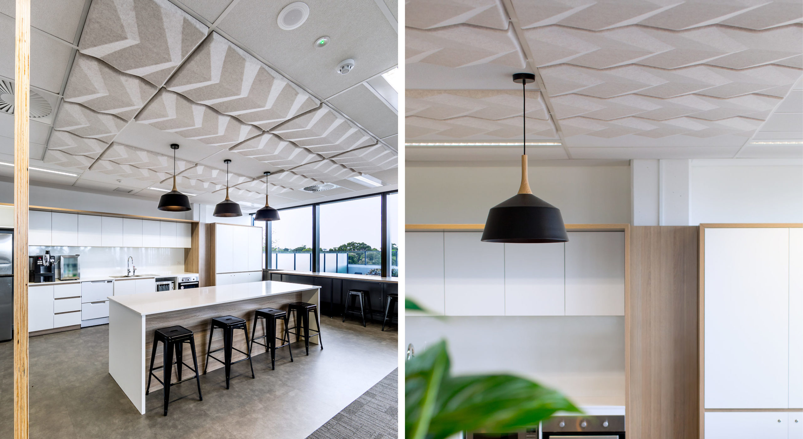 beige sound-absorbing ceiling tiles above kitchen area with a close-up of drop lights