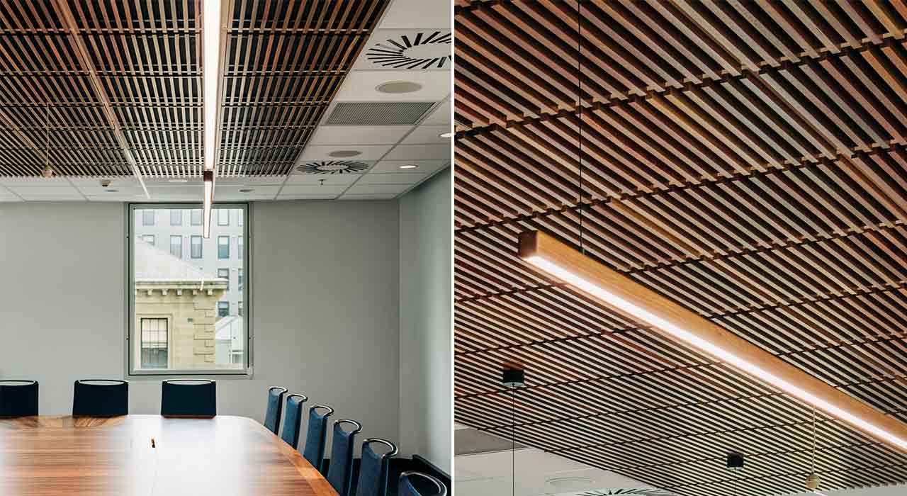 Timber Ceiling wooden tiles above conference room table