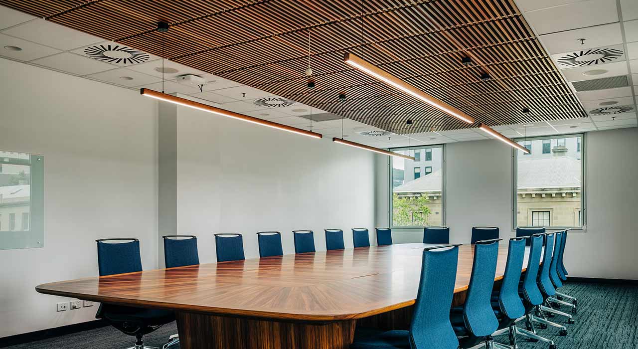 Timber ceiling blades in spotted gum lands building conference room