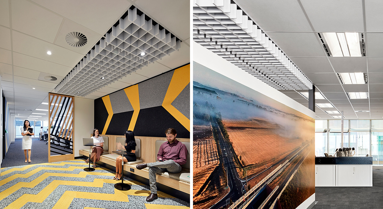 off-white sound-absorbing drop ceiling tiles in grid format in office hallways