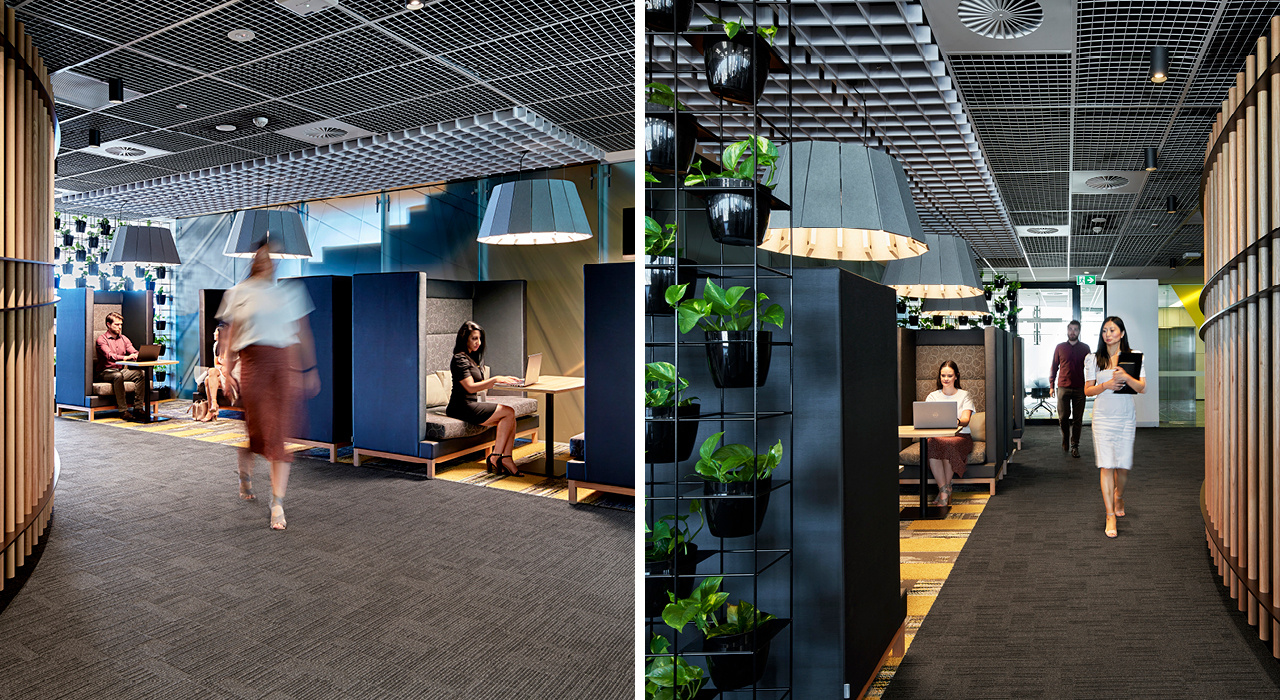 office lobbies in use with acoustic drop-ceiling tiles in grid format