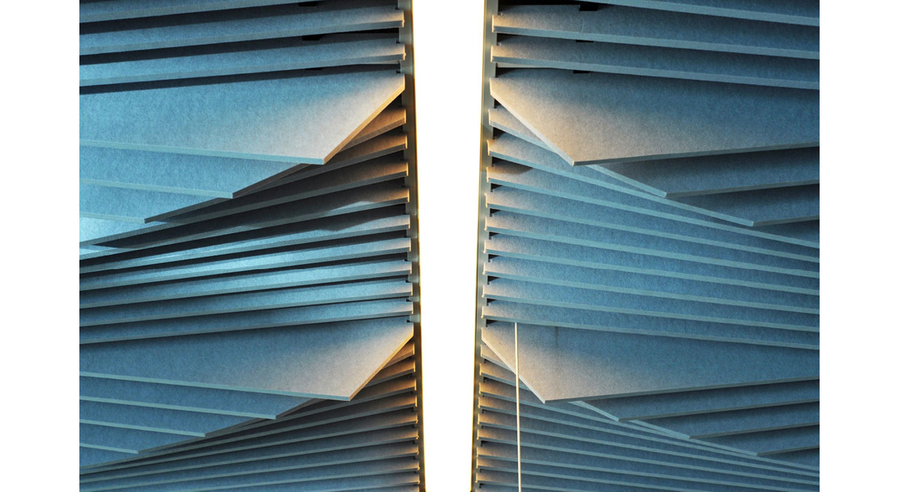 detail of sound-absorbing drop ceiling tile in grid with dramatic lighting