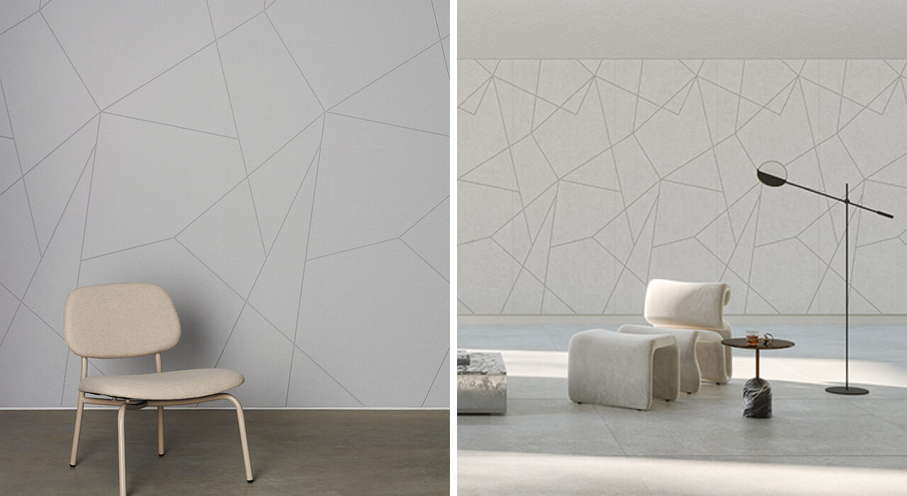 Side by side images of ecoustic® Panels in pattern Pivot installed on wall