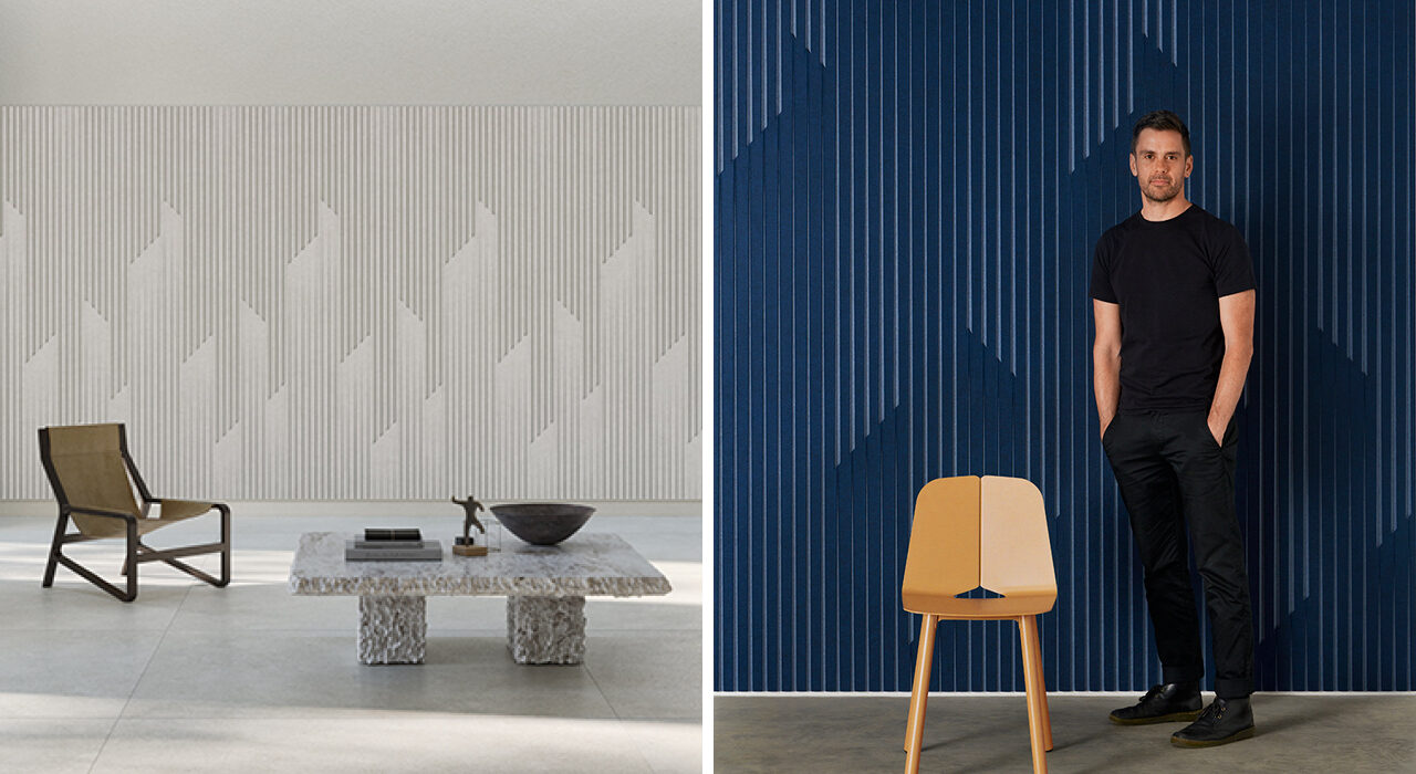 Side by side images of ecoustic® Dual panels in pattern Rain installed on wall