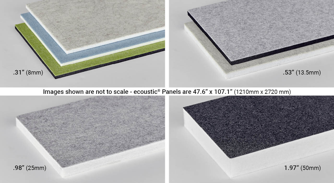 four different images showing sound-absorbing panels in several thicknesses