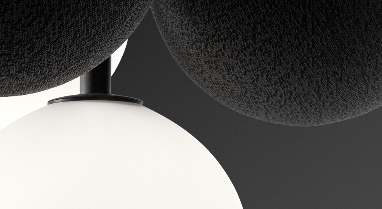 detail of dark grey acoustic globes with lighting