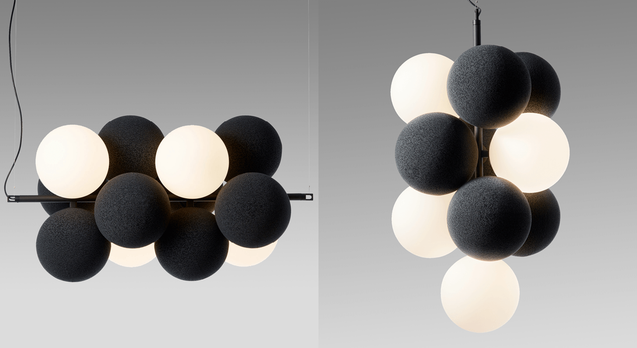 dark grey acoustic globes with lights in a vertical and horizontal orientations